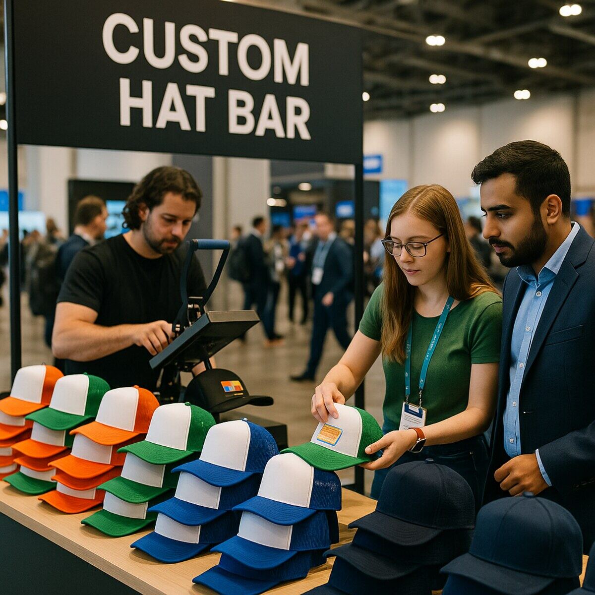 Hat and patch station set up beside a live t-shirt bar